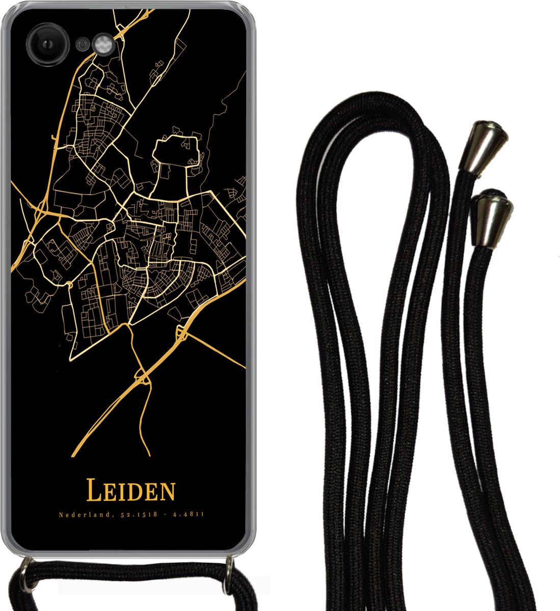 Telefoonkoord - Telefoonketting - Hoesje met koord iPhone 7 - Leiden - Kaart - Goud - Siliconen - Crossbody - Telefoonhoesje met koord