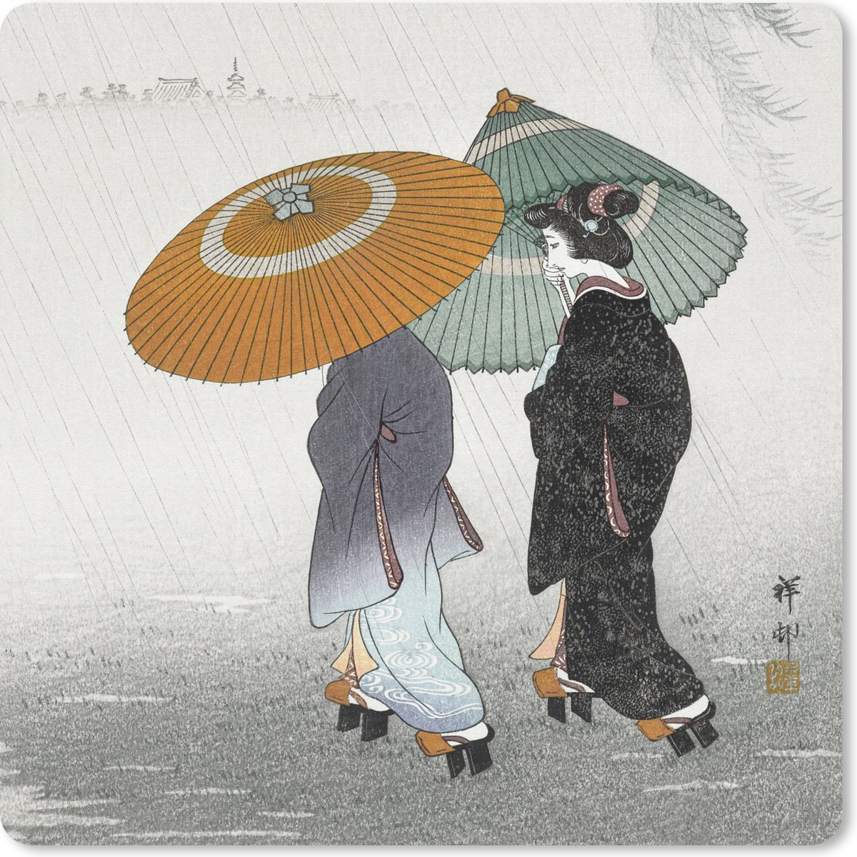 Muismat 20x20 cm - Mousepad Vrouwen - Parasol - Kimono - Japandi - Vintage - Muismatten