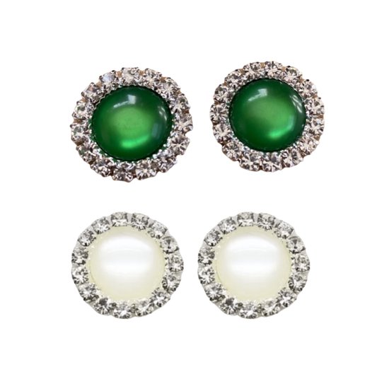 2 Paar Clip oorbellen-Groen-Wit-1.5 cm- Kunststof- Geen gaatjes- Charme Bijoux