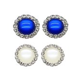 2 Paar Clip oorbellen-Koningsblauw-Wit-1.5 cm- Kunststof- Geen gaatje- Charme Bijoux