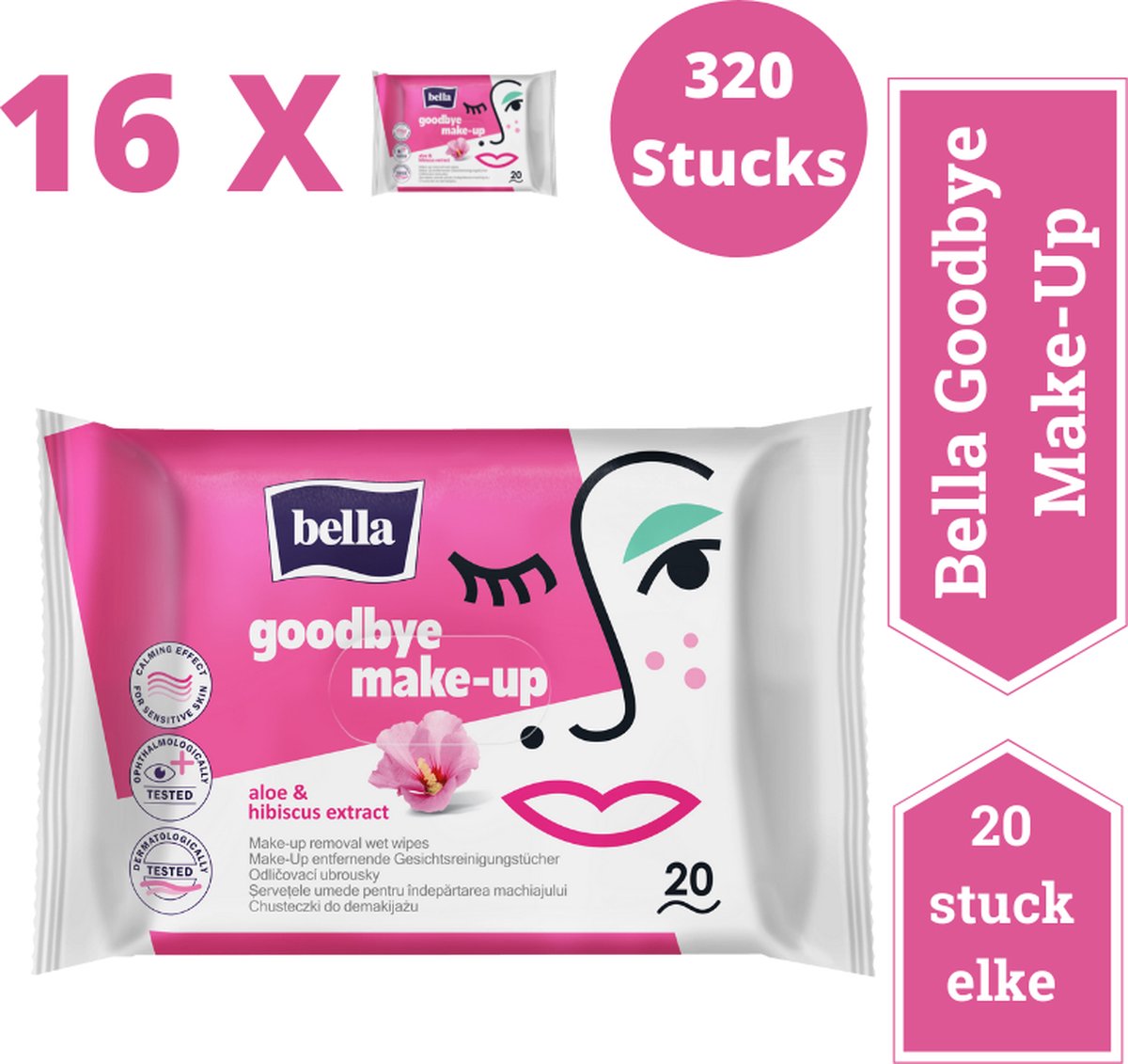 Bella Make-up verwijderen Wet Wipes Hibiscus en Aloë (20 stuks in 1 pak)pak van 16 combo, zacht, Voordeelverpakking- 320 stucks