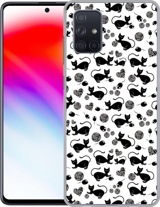 Coque transparente avec des chats noirs et blancs et des pelotes de laine, à côté d'un smartphone.