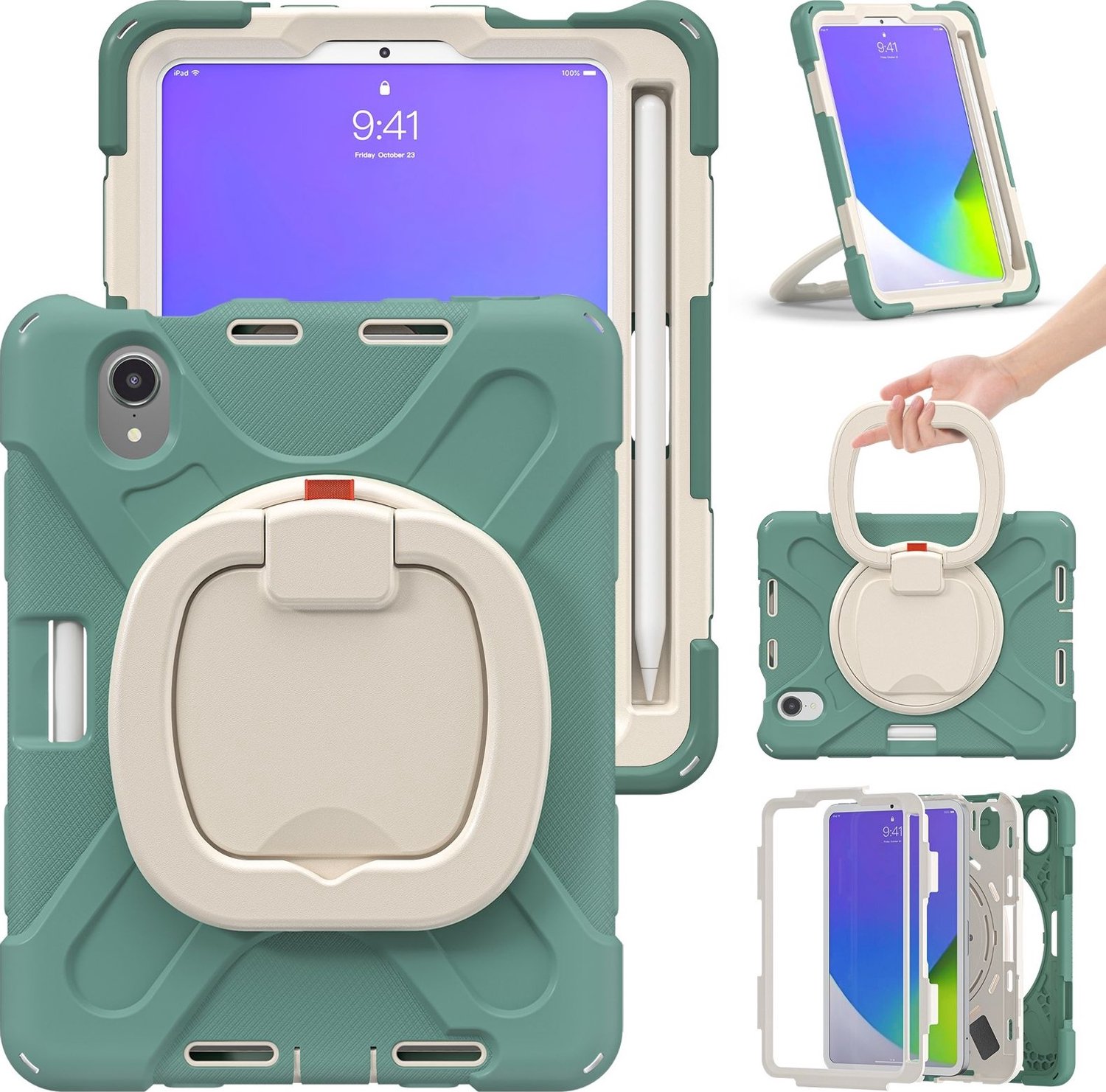 Mobigear RingGuard Tablethoes geschikt voor Apple iPad Mini 6 (2021) Hardcase Backcover + Stylus Houder + Schouderband + Standaard - Groen