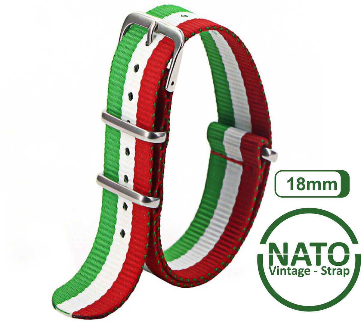 18mm Nato Strap Rood Wit Groen streep - Italië - Vintage James Bond - Nato Strap collectie - Mannen - Horlogebanden - 18 mm bandbreedte voor oa. Seiko Rolex Omega Casio en Citizen