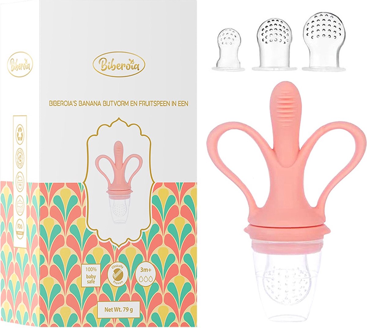 Goedkoopste Biberoia® Bijtring banaan en fruitspeen in 1 - Baby - Fopspeen – Extra speen in 3 maten S M L - Kinderbestek - Baby speelgoed – Kraamcadeau - Babyshower - Roze