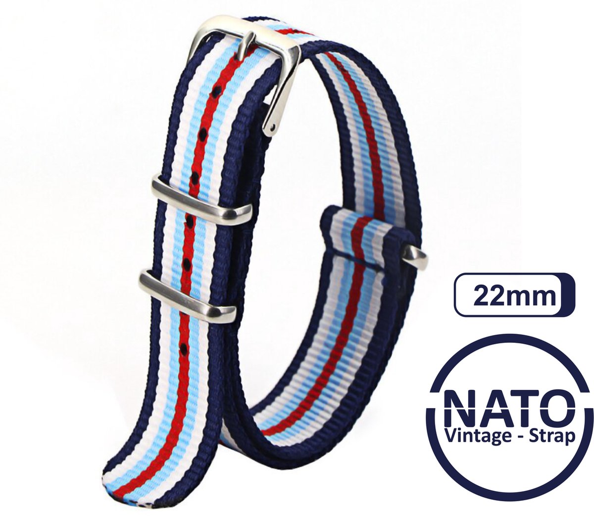 22mm Nato Strap Rood Wit Blauw streep - Vintage James Bond - Nato Strap collectie - Mannen - Horlogebanden - Martini kleursamenstelling 22 mm bandbreedte voor oa. Seiko Rolex Omega Casio en Citizen