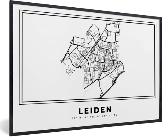 Fotolijst incl. Poster Zwart Wit- Stadskaart – Zwart Wit - Kaart – Leiden – Nederland – Plattegrond - 60x40 cm - Posterlijst