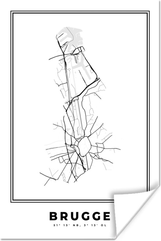 Poster Plattegrond - België – Brugge – Zwart Wit – Stadskaart - Kaart - 20x30 cm