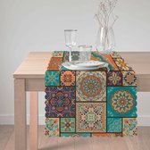 Bedrukt Velvet Textiel Tafelloper 45x135 - Blauwe&Oranje Mandala - Fluweel - Tafel decoratie woonkamer