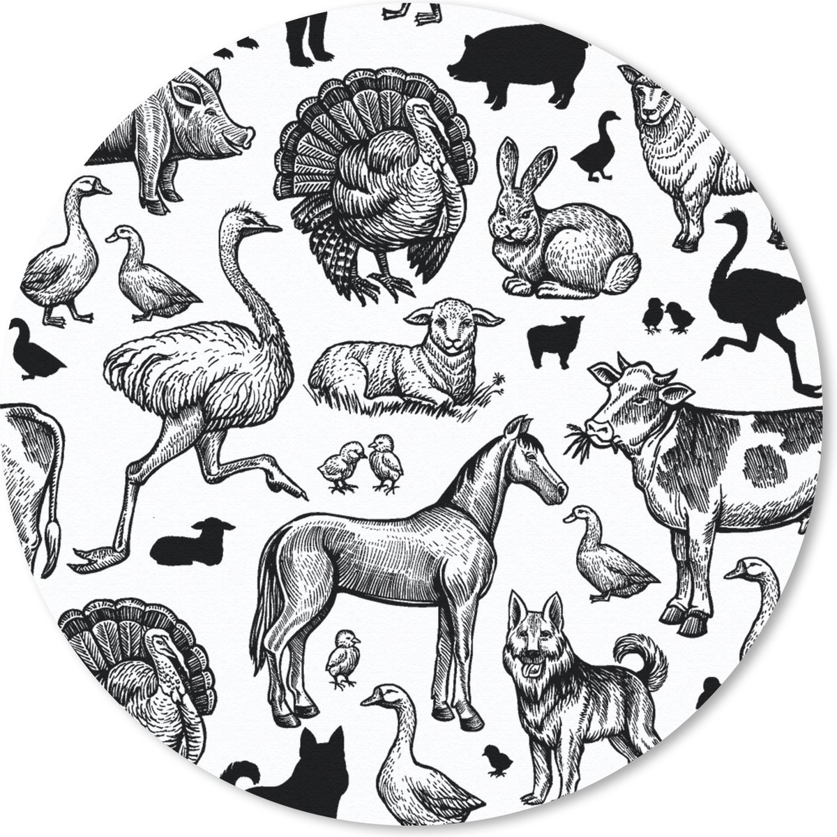 Muismat rond 20x20 cm - Mousepad Patroon - Dieren - Zwart Wit - Ronde muismatten