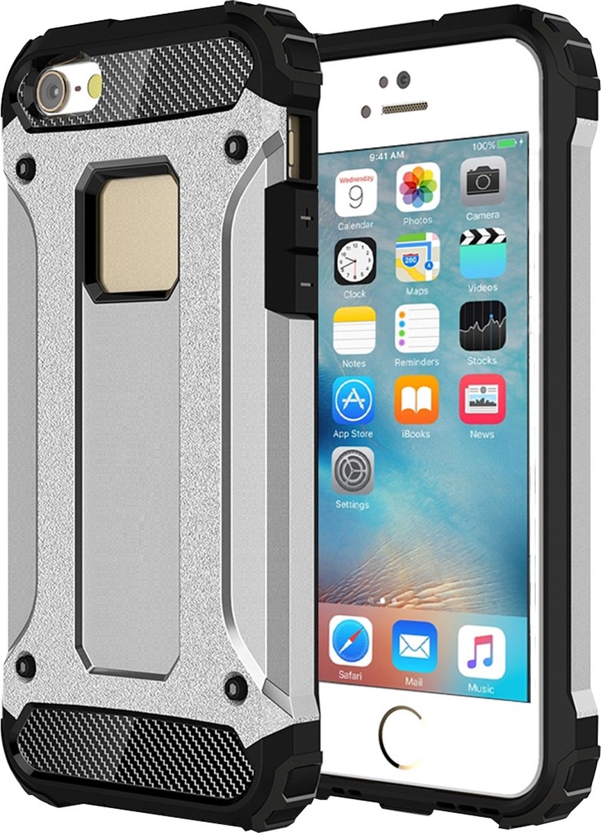 Mobigear Hoesje geschikt voor Apple iPhone SE (2016) Telefoonhoesje Hardcase | Mobigear Outdoor Backcover Shockproof | Schokbestendig iPhone SE (2016) Telefoonhoesje | Anti Shock Proof - Zilver