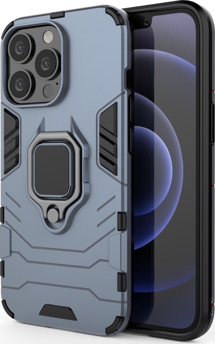 Mobigear Hoesje geschikt voor Apple iPhone 13 Pro Telefoonhoesje Hardcase | Mobigear Armor Ring Backcover Shockproof met Ringhouder | Schokbestendig iPhone 13 Pro Telefoonhoesje | Anti Shock Proof - Blauw
