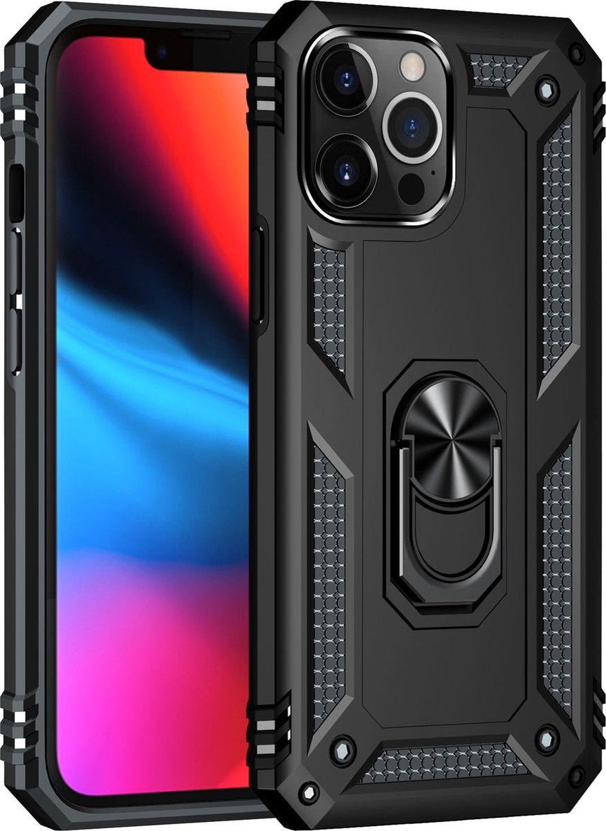 Mobigear Hoesje geschikt voor Apple iPhone 13 Pro Telefoonhoesje Hardcase | Mobigear Armor Ring Backcover Shockproof met Ringhouder | Schokbestendig iPhone 13 Pro Telefoonhoesje | Anti Shock Proof - Zwart