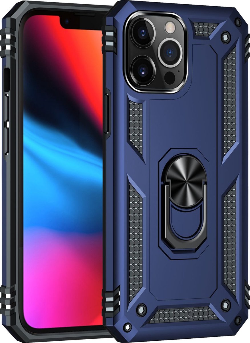 Mobigear Hoesje geschikt voor Apple iPhone 13 Pro Max Telefoonhoesje Hardcase | Mobigear Armor Ring Backcover Shockproof met Ringhouder | Schokbestendig iPhone 13 Pro Max Telefoonhoesje | Anti Shock Proof - Blauw