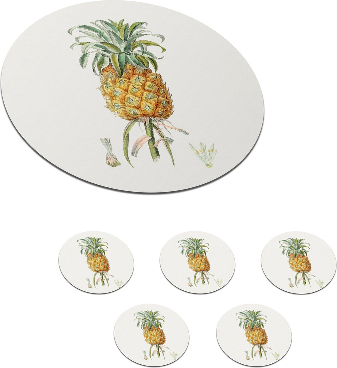 Onderzetters voor glazen - Rond - Ananas - Fruit - Plant - 10x10 cm - Glasonderzetters - 6 stuks