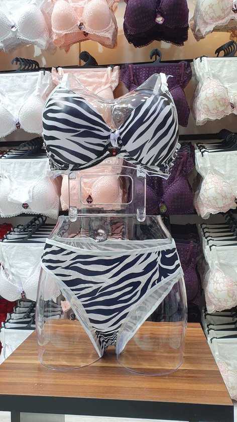 Lingerie set 2-delig- Push up Beha set- Voorgevormde Beugel lingerie Set- Bikini (Doorzichtige Sexy Slip) Wit Zebraprint- Maat 75B