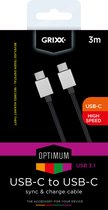 Grixx Optimum Kabel - USB-C naar USB-C - 3.1 High Speed - Gevlochten nylon - 3 meter - Zwart