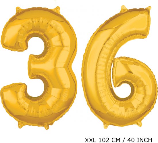 Mega grote XXL gouden folie ballon cijfer 36 jaar.  leeftijd verjaardag 36 jaar. 102 cm 40 inch. Met rietje om ballonnen mee op te blazen.