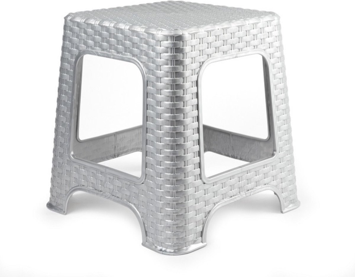 Bol.com Plasicforte opstapje/krukje - zilver - rotan kunststof - 32 x 32 x 30 cm - Keuken/kamers/dhz - trapjes - bijzet krukjes aanbieding