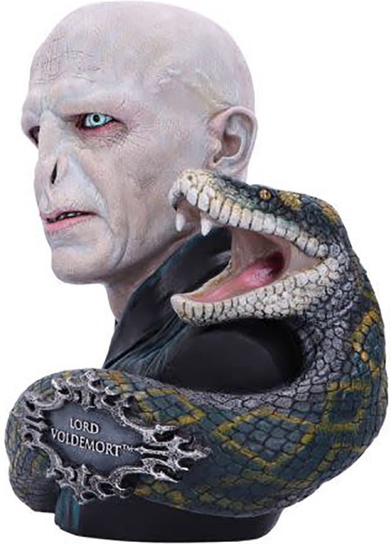 Buste van Lord Voldemort met slang. Voldemort is bleek, heeft blauwe ogen en draagt een donkere outfit. De slang heeft opengesperde bek.