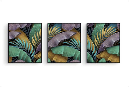 Schilderij  Set 3 Luxe tropische bladeren paars goud groen - Planten / Bladeren / Planten / Bladeren / 30x21cm