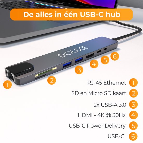 USB C Hub voor MacBook, Dell, HP en lenovo met HDMI en 7 andere Poorten - Dockingstation II8 Douxe - Douxe