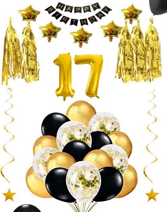 Ballon Numéro 17 Ans Noir & Or Bouquet * Hourra 17 Ans Anniversaire  Décoration Set de