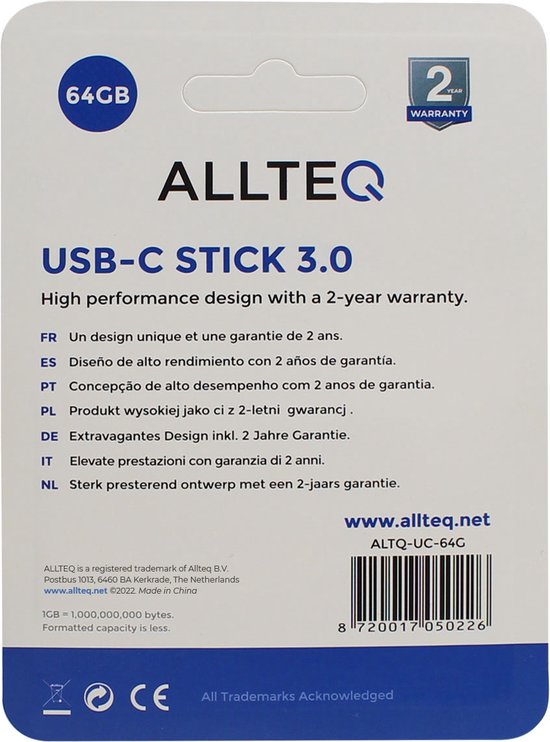 Allteq ALTQ-UC-64G, 64 Go, USB Type-A / USB Type-C, 3.2 Gen 1 (3.1 Gen 1), 120 Mo/s, 9,2 g, Or