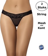 Teyli Dames String van Mesh Stof met Kant - 2 Pack - Zwart M