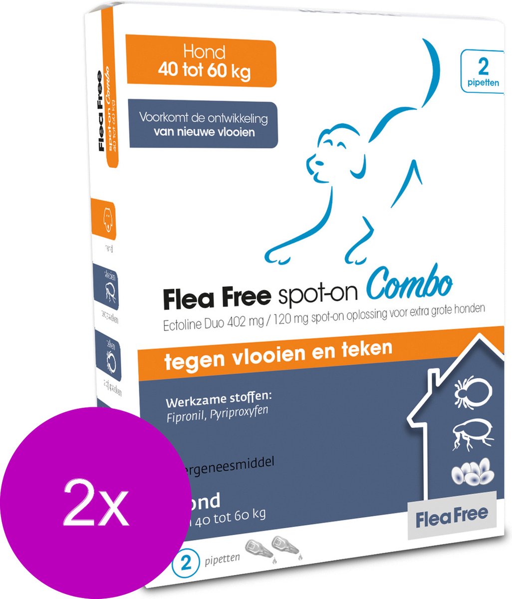 Flea Free Ectoline  Duo Hond - Anti vlooien en tekenmiddel - 2 x 2 pip 40-60kg