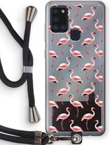 Case Company® - Samsung Galaxy A21s hoesje met Koord - Flamingo - Telefoonhoesje met Zwart Koord - Bescherming aan alle Kanten en Over de Schermrand