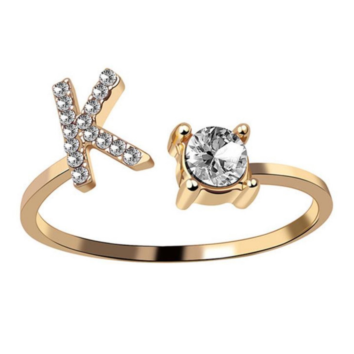 Ring Met Letter - Ring Met Steen - Letter Ring - Ring Letter - Initial Ring - (Zilver) Gold-Plated Letter K - Cadeautje voor haar