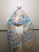 Lange dames sjaal Hermine fantasiemotief blauw groen wit oranje geel grijs