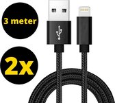 2x câble chargeur iPhone 3 mètres tressé Zwart - câble iPhone - câble USB Lightning - câble chargeur iPhone adapté pour Apple iPhone 6,7,8,9,X, XS,XR,11,12,13