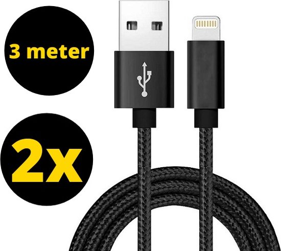 2x câble chargeur iPhone 3 mètres tressé Zwart - câble iPhone - câble USB  Lightning -... | bol.com