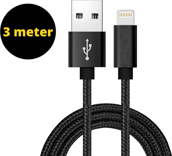 louter rand Eerste iPhone oplader kabel 3 Meter Gevlochten Zwart - iPhone kabel - Lightning  USB kabel -... | bol.com