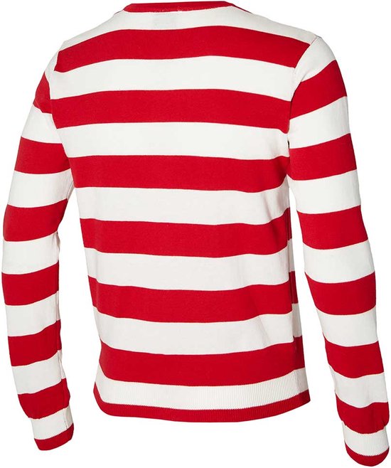 Achterkant van een rood-wit gestreepte trui met lange mouwen en V-hals.