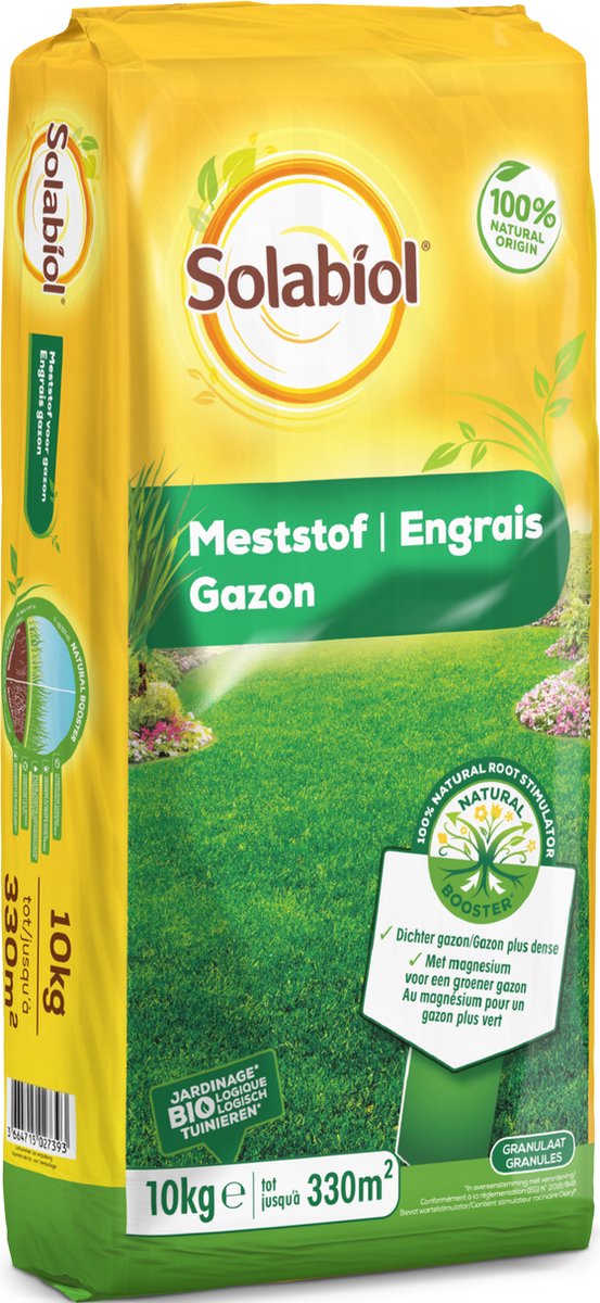 Solabiol Meststof voor Gazon - 10 kg - Meststoffen voor Gras - Mest - Tot 25% Dichter Gazon