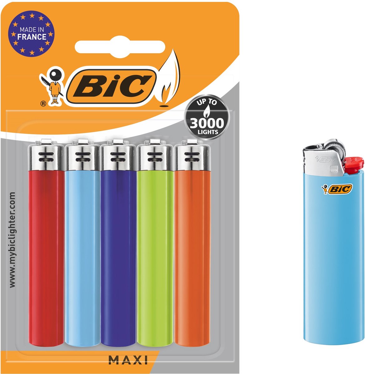 BIC J26 Maxi vuursteen flint aanstekers - diverse kleuren - Pak van 5 gasaanstekers - kindveilig - BIC