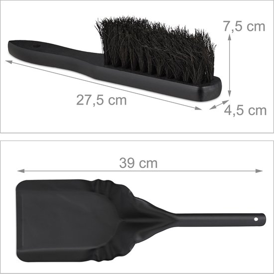Zwarte bezem van 27,5 cm en zwarte handveger van 39 cm.