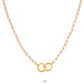 Twice As Nice Halsketting in goudkleurig edelstaal, 2 cirkels, roze kristallen 36 cm+4 cm