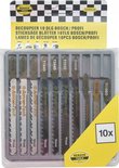 Verpakking met 10 decoupeerzaagbladen van Benson Tools, diverse types zoals T101B, T101BR en T144D.