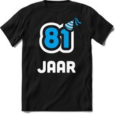 81 Jaar Feest kado T-Shirt Heren / Dames - Perfect Verjaardag Cadeau Shirt - Wit / Blauw - Maat L