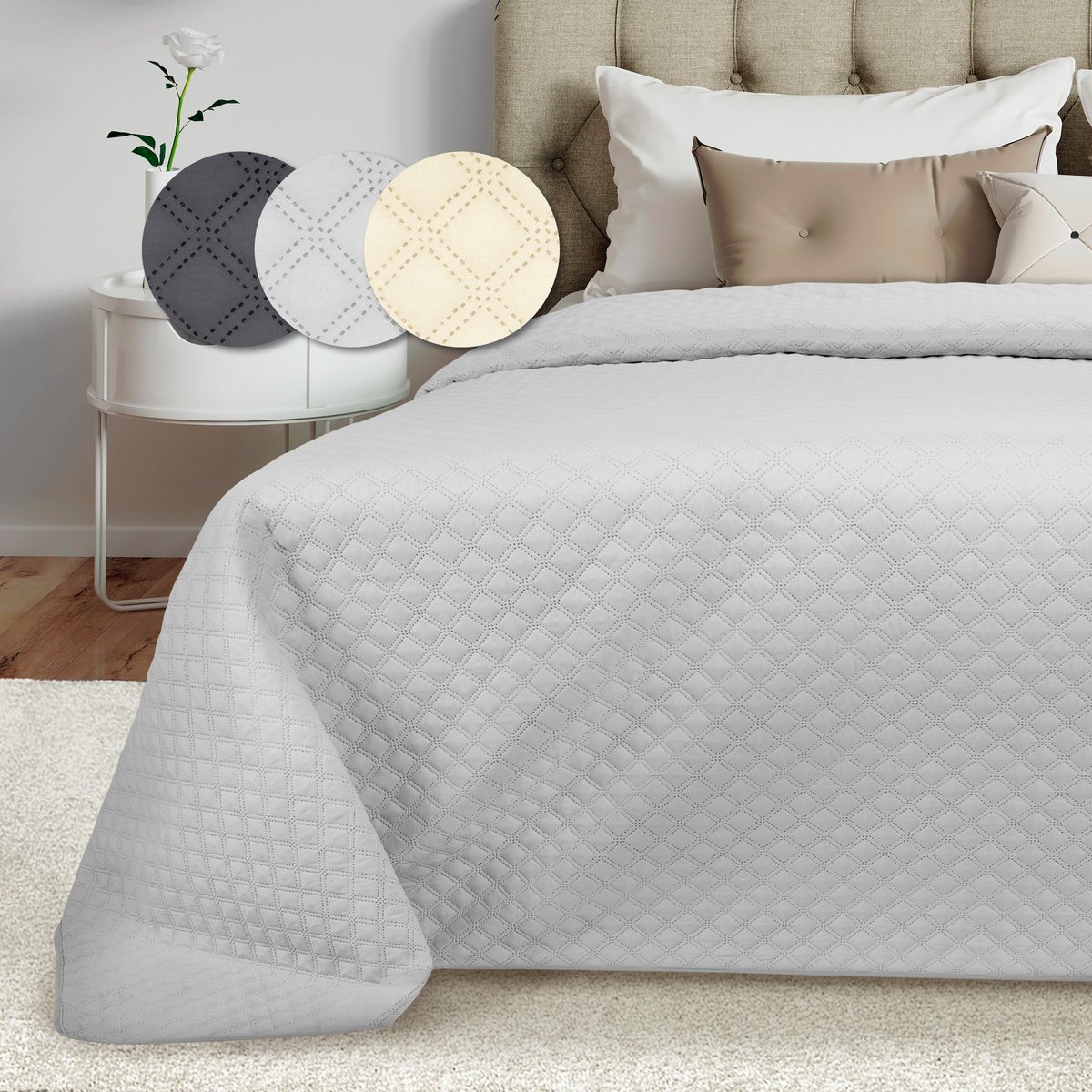 Beautissu Olivia - Bedsprei 2 Persoons 220 x 240 cm Groot Bedovertrek Licht Grijs voor Boxspring Bed & Sofa