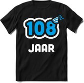 108 Jaar Feest kado T-Shirt Heren / Dames - Perfect Verjaardag Cadeau Shirt - Wit / Blauw - Maat S