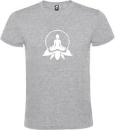 Grijs T shirt met print van " Boeddha in cirkel op lotusbloem " print Wit size M