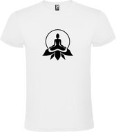 Wit T shirt met print van " Boeddha in cirkel op lotusbloem " print Zwart size XS