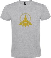 Grijs T shirt met print van " Boeddha in cirkel op lotusbloem " print Goud size M