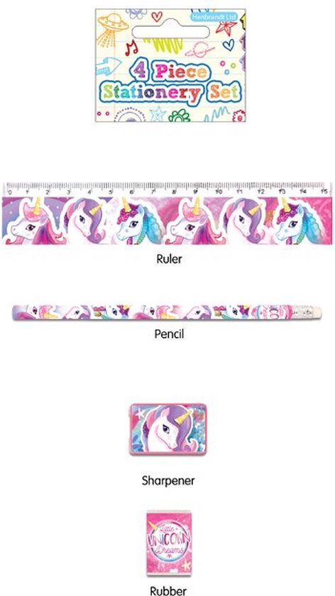 Uitdeelcadeau Unicorn Schrijfset - 12 Sets -  Isa's Friends® Schrijfset Meisjes - Traktatie 4-delig