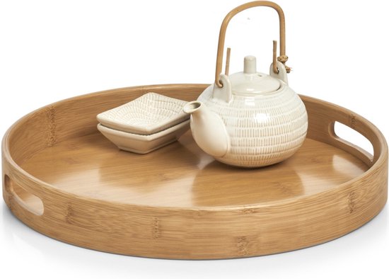 Rond bamboe dienblad met theepot en schaaltjes, inclusief handgrepen.